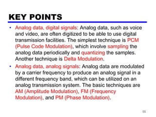 55
KEY POINTS
• Analog data, digital signals: Analog data, such as voice
and video, are often digitized to be able to use digital
transmission facilities. The simplest technique is PCM
(Pulse Code Modulation), which involve sampling the
analog data periodically and quantizing the samples.
Another technique is Delta Modulation.
• Analog data, analog signals: Analog data are modulated
by a carrier frequency to produce an analog signal in a
different frequency band, which can be utilized on an
analog transmission system. The basic techniques are
AM (Amplitude Modulation), FM (Frequency
Modulation), and PM (Phase Modulation).
 