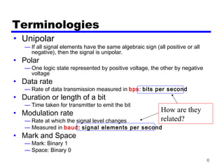 6
Terminologies
• Unipolar
— If all signal elements have the same algebraic sign (all positive or all
negative), then the signal is unipolar.
• Polar
— One logic state represented by positive voltage, the other by negative
voltage
• Data rate
— Rate of data transmission measured in bps: bits per second
• Duration or length of a bit
— Time taken for transmitter to emit the bit
• Modulation rate
— Rate at which the signal level changes
— Measured in baud: signal elements per second
• Mark and Space
— Mark: Binary 1
— Space: Binary 0
How are they
related?
 