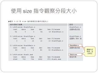 使用 size 指令觀察分段大小
StackMain.o
Stack.exe
書籍內文
有誤，在
此修正
書籍內文
有誤，在
此修正
 