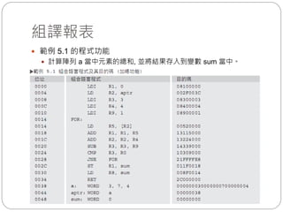 組譯報表
 範例 5.1 的程式功能
 計算陣列 a 當中元素的總和, 並將結果存入到變數 sum 當中。
 