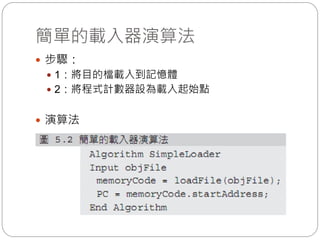 簡單的載入器演算法
 步驟：
 1：將目的檔載入到記憶體
 2：將程式計數器設為載入起始點
 演算法
 