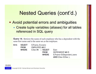 Copyright © 2011 Ramez Elmasri and Shamkant Navathe
Nested Queries (cont’d.)
  Avoid potential errors and ambiguities
  Create tuple variables (aliases) for all tables
referenced in SQL query
 
