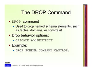 Copyright © 2011 Ramez Elmasri and Shamkant Navathe
The DROP Command
  DROP command
  Used to drop named schema elements, such
as tables, domains, or constraint
  Drop behavior options:
  CASCADE and RESTRICT
  Example:
  DROP SCHEMA COMPANY CASCADE;
 