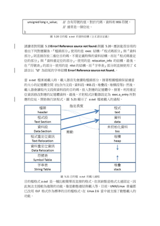 unsigned long n_value; // 含有符號的值，對於代碼、資料和 BSS 符號，
// 通常是一個位址。
};
圖 5.20 目的檔 a.out 的資料結構（以 C 語言定義）
請讀者對照圖 5.19Error! Reference source not found.與圖 5.20，應該能很容易的
看出下列對應關係，『檔頭部分』使用的是 exec 結構。『程式碼部分』與『資料
部分』則直接存放二進位目的碼，不需定義特殊的資料結構。而在『程式碼重定
位的部分』與『資料重定位的部分』，使用的是 relocation_info 的結構。最後，
在『符號表』的部分，使用的是 nlist 的結構。而『字串表』部分則直接使用了 C
語言以 '0' 為結尾的字串結構 Error! Reference source not found.。
當 a.out 檔案被載入時，載入器首先會讀取檔頭部分，接著根據檔頭保留適當
的大小的記憶體空間 (包含內文段、資料段、BSS 段、堆疊段、堆積段等)。然後，
載入器會讀取內文段與資料段的目的碼，放入對應的記憶體中。接著，利用重定
位資訊修改對應的記憶體資料。最後，才把程式計數器設定為 exec.a_entry 所對
應的位址，開始執行該程式，圖 5.21 顯示了 a.out 檔被載入的過程。
圖 5.21 目的檔 a.out 的載入過程
目的檔格式 a.out 是一種比較簡單而直接的格式，但其缺點是格式太過固定，因
此無法支援較為進階的功能，像是動態連結與載入等。目前，UNIX/Linux 普遍都
已改用 ELF 格式作為標準的目的檔格式，在 Linux 2.6 當中就支援了動態載入的
功能。
 