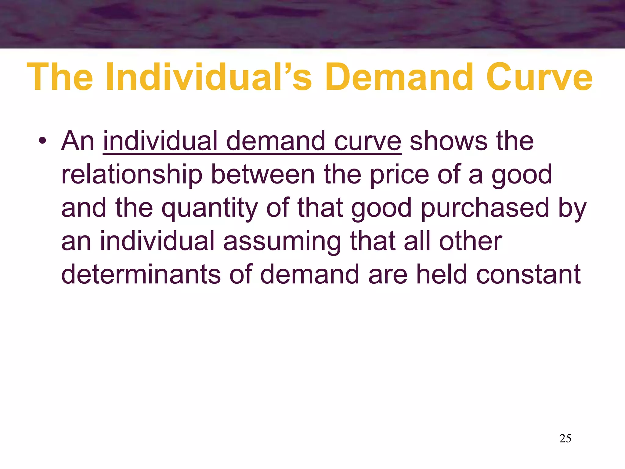 25
The Individual’s Demand Curve
• An individual demand curve shows the
relationship between the price of a good
and the quantity of that good purchased by
an individual assuming that all other
determinants of demand are held constant
 