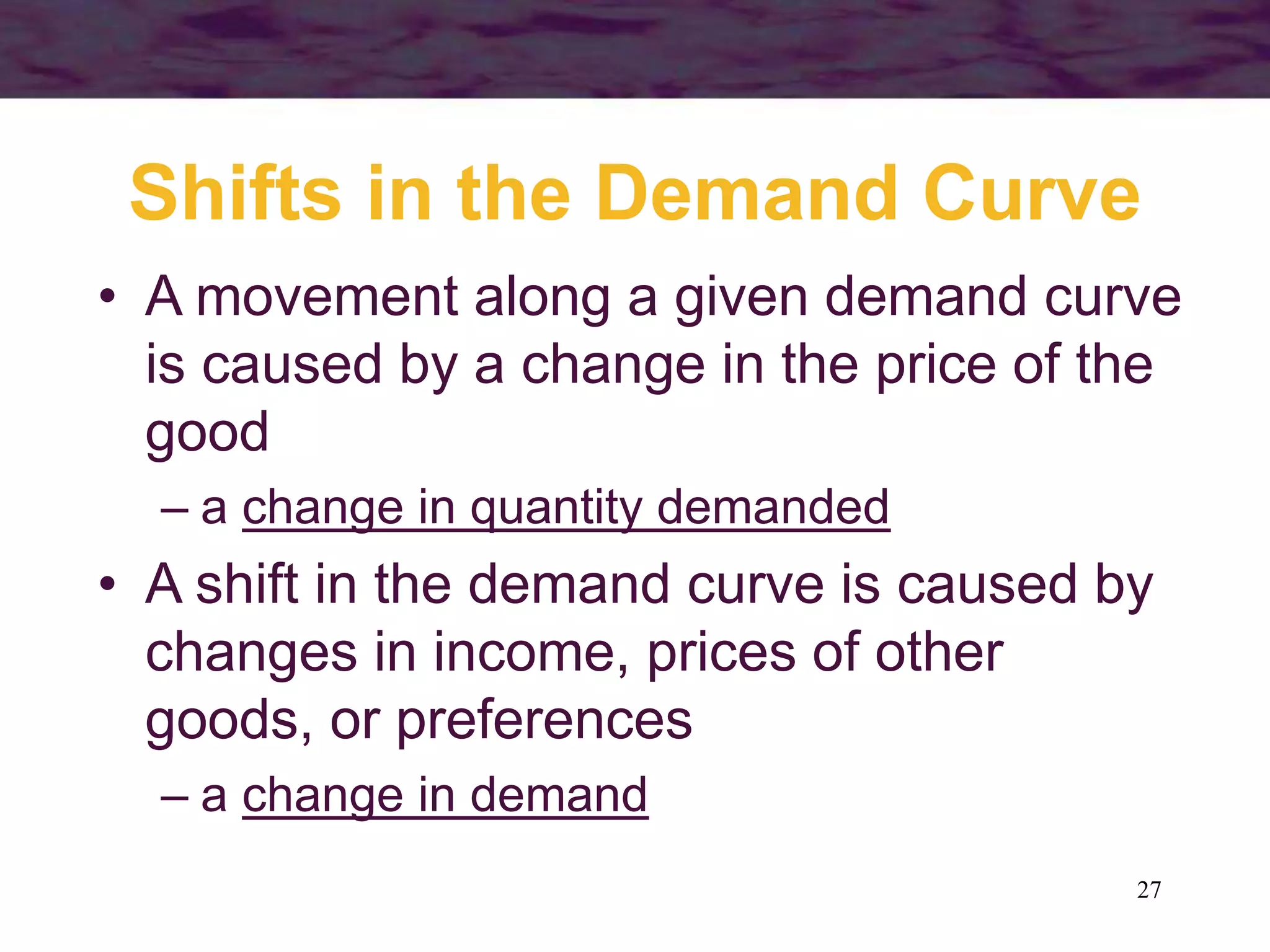 27
Shifts in the Demand Curve
• A movement along a given demand curve
is caused by a change in the price of the
good
– a change in quantity demanded
• A shift in the demand curve is caused by
changes in income, prices of other
goods, or preferences
– a change in demand
 