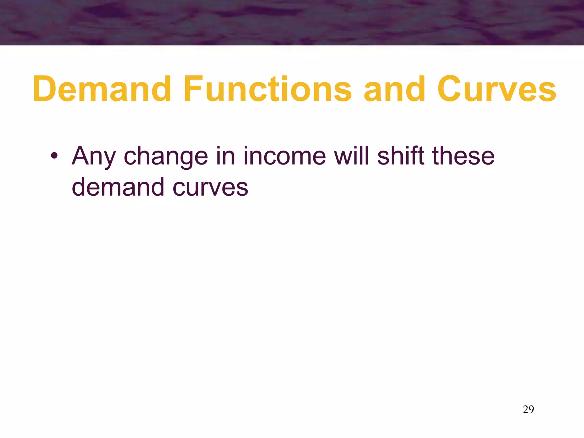 29
Demand Functions and Curves
• Any change in income will shift these
demand curves
 