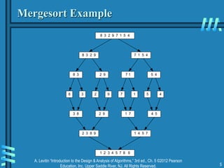 A. Levitin “Introduction to the Design & Analysis of Algorithms,” 3rd ed., Ch. 5 ©2012 Pearson
Education, Inc. Upper Saddle River, NJ. All Rights Reserved. 5
Mergesort Example
8 3 2 9 7 1 5 4
8 3 2 9 7 1 5 4
8 3 2 9 7 1 5 4
8 3 2 9 7 1 5 4
3 8 2 9 1 7 4 5
2 3 8 9 1 4 5 7
1 2 3 4 5 7 8 9
 