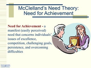 McClelland’s Need Theory:
Need for Achievement
Need for Achievement - a
manifest (easily perceived)
need that concerns individuals’
issues of excellence,
competition, challenging goals,
persistence, and overcoming
difficulties
 