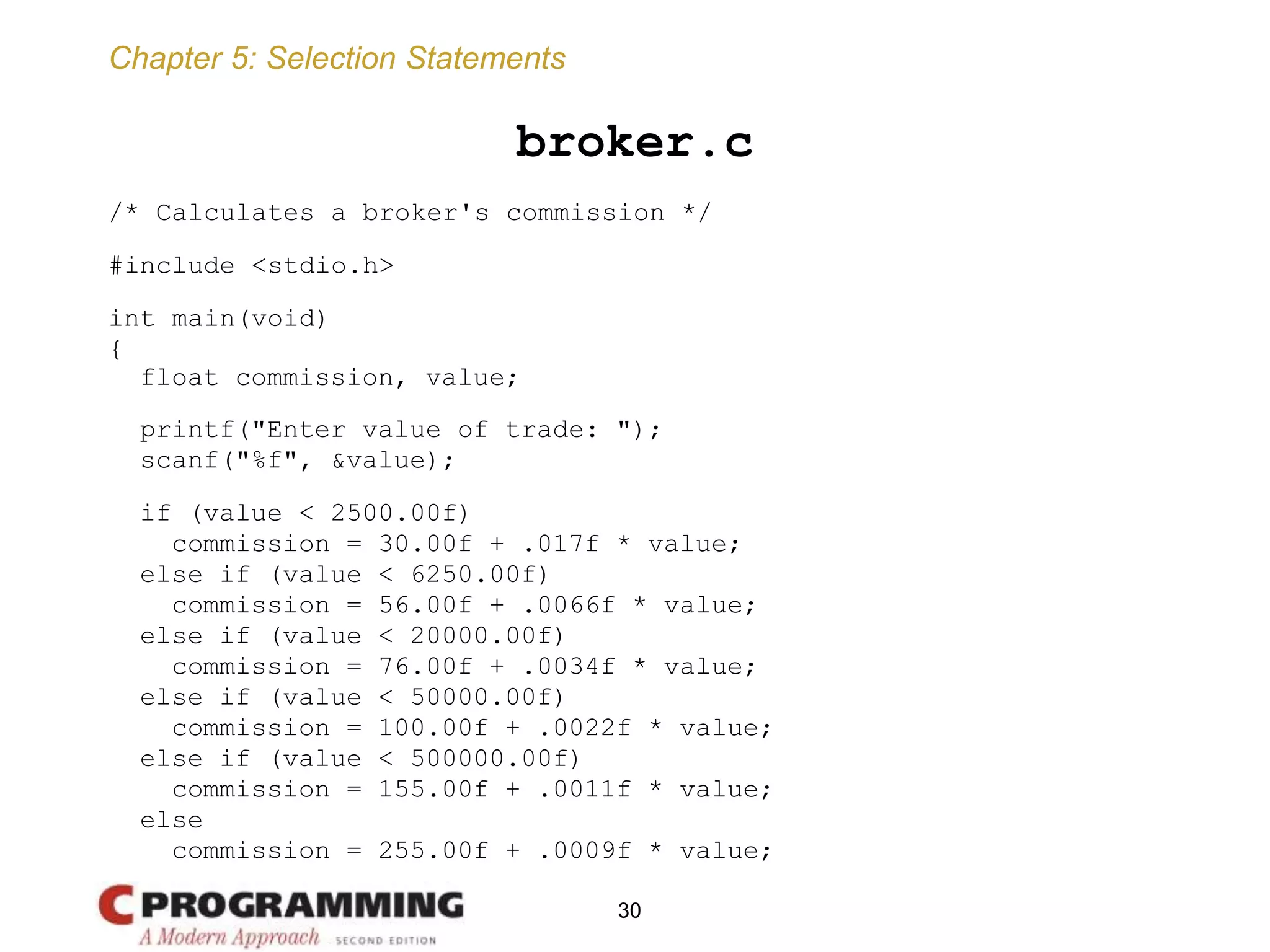 Chapter 5: Selection Statements
broker.c
/* Calculates a broker's commission */
#include <stdio.h>
int main(void)
{
float commission, value;
printf("Enter value of trade: ");
scanf("%f", &value);
if (value < 2500.00f)
commission = 30.00f + .017f * value;
else if (value < 6250.00f)
commission = 56.00f + .0066f * value;
else if (value < 20000.00f)
commission = 76.00f + .0034f * value;
else if (value < 50000.00f)
commission = 100.00f + .0022f * value;
else if (value < 500000.00f)
commission = 155.00f + .0011f * value;
else
commission = 255.00f + .0009f * value;
30
 