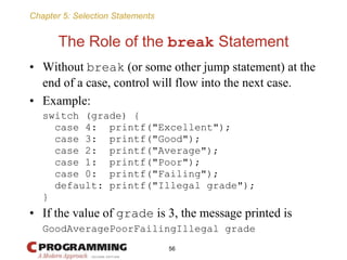 Chapter 5: Selection Statements
The Role of the break Statement
• Without break (or some other jump statement) at the
end ...