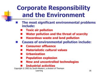 Copyright © 2003 by South-Western, a division of Thomson
Learning 18
Corporate Responsibility
and the Environment
 The most significant environmental problems
include:
 Toxic air pollution
 Water pollution and the threat of scarcity
 Hazardous waste and land pollution
 Causes of environmental pollution include:
 Consumer affluence
 Materialistic cultural values
 Urbanization
 Population explosion
 New and uncontrolled technologies
 Industrial activities
 