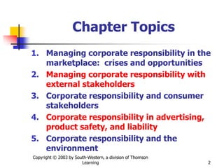 Copyright © 2003 by South-Western, a division of Thomson
Learning 2
Chapter Topics
1. Managing corporate responsibility in the
marketplace: crises and opportunities
2. Managing corporate responsibility with
external stakeholders
3. Corporate responsibility and consumer
stakeholders
4. Corporate responsibility in advertising,
product safety, and liability
5. Corporate responsibility and the
environment
 