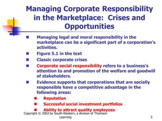Copyright © 2003 by South-Western, a division of Thomson
Learning 3
Managing Corporate Responsibility
in the Marketplace: Crises and
Opportunities
 Managing legal and moral responsibility in the
marketplace can be a significant part of a corporation’s
activities.
 Figure 5.1 in the text
 Classic corporate crises
 Corporate social responsibility refers to a business’s
attention to and promotion of the welfare and goodwill
of stakeholders.
 Evidence supports that corporations that are socially
responsible have a competitive advantage in the
following areas:
 Reputation
 Successful social investment portfolios
 Ability to attract quality employees
 