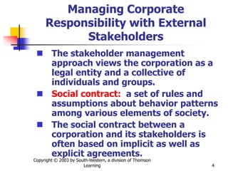 Copyright © 2003 by South-Western, a division of Thomson
Learning 4
Managing Corporate
Responsibility with External
Stakeholders
 The stakeholder management
approach views the corporation as a
legal entity and a collective of
individuals and groups.
 Social contract: a set of rules and
assumptions about behavior patterns
among various elements of society.
 The social contract between a
corporation and its stakeholders is
often based on implicit as well as
explicit agreements.
 