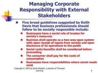 Copyright © 2003 by South-Western, a division of Thomson
Learning 6
Managing Corporate
Responsibility with External
Stakeholders
 Five broad guidelines suggested by Keith
Davis that business professionals should
follow to be socially responsible include:
 Businesses have a social role of trustee for
society’s resources
 Business shall operate as a two-way open system
with open receipt of inputs from society and open
disclosure of its operations to the public
 Social costs/benefits shall be considered before
proceeding
 The consumer shall pay for the costs of
consumption
 Businesses have responsibilities where social needs
exist
 