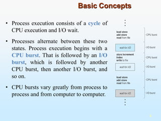 • Process execution consists of a cycle of
CPU execution and I/O wait.
• Processes alternate between these two
states. Process execution begins with a
CPU burst. That is followed by an I/O
burst, which is followed by another
CPU burst, then another I/O burst, and
so on.
• CPU bursts vary greatly from process to
process and from computer to computer.
Basic Concepts
5
 