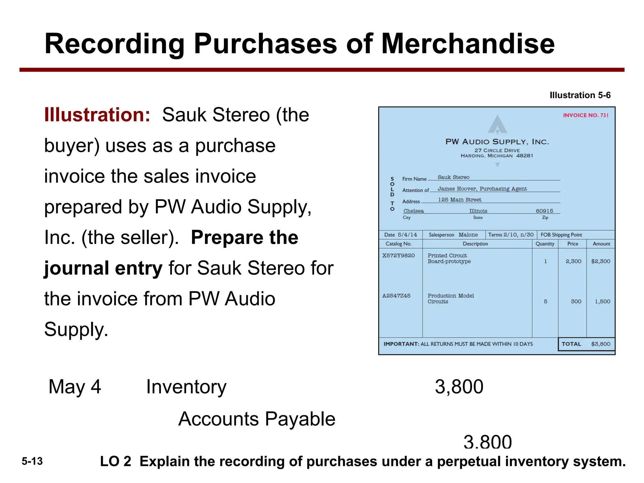 5-13
Illustration: Sauk Stereo (the
buyer) uses as a purchase
invoice the sales invoice
prepared by PW Audio Supply,
Inc. (the seller). Prepare the
journal entry for Sauk Stereo for
the invoice from PW Audio
Supply.
Inventory 3,800
May 4
Accounts Payable
3,800
LO 2 Explain the recording of purchases under a perpetual inventory system.
Illustration 5-6
Recording Purchases of Merchandise
 