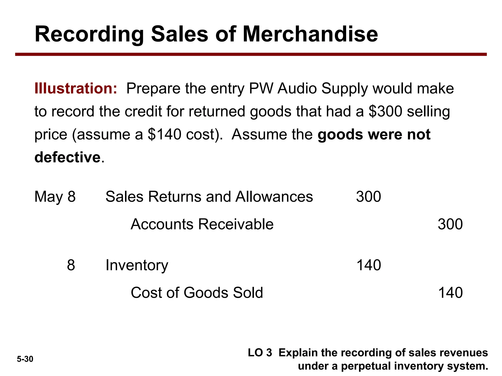 5-30
Illustration: Prepare the entry PW Audio Supply would make
to record the credit for returned goods that had a $300 selling
price (assume a $140 cost). Assume the goods were not
defective.
LO 3 Explain the recording of sales revenues
under a perpetual inventory system.
Sales Returns and Allowances 300
May 8
Accounts Receivable 300
Inventory 140
8
Cost of Goods Sold 140
Recording Sales of Merchandise
 