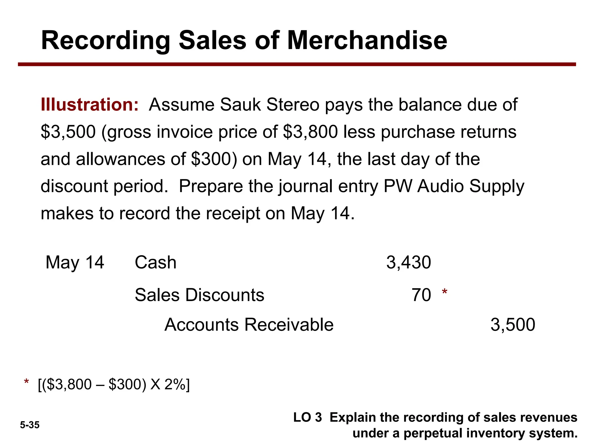 5-35
LO 3 Explain the recording of sales revenues
under a perpetual inventory system.
Cash 3,430
May 14
Accounts Receivable 3,500
Sales Discounts 70
* [($3,800 – $300) X 2%]
*
Illustration: Assume Sauk Stereo pays the balance due of
$3,500 (gross invoice price of $3,800 less purchase returns
and allowances of $300) on May 14, the last day of the
discount period. Prepare the journal entry PW Audio Supply
makes to record the receipt on May 14.
Recording Sales of Merchandise
 