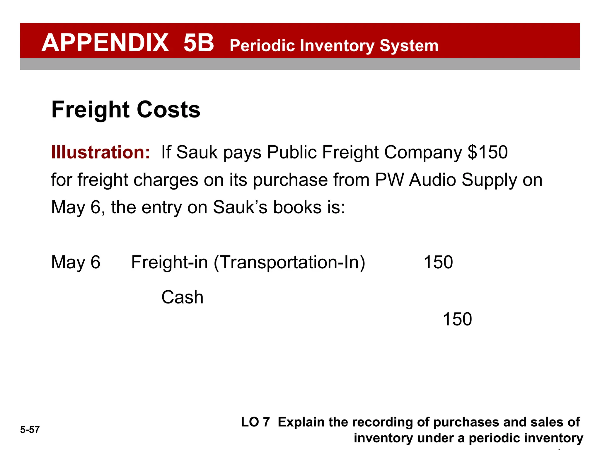 5-57
Illustration: If Sauk pays Public Freight Company $150
for freight charges on its purchase from PW Audio Supply on
May 6, the entry on Sauk’s books is:
Freight-in (Transportation-In) 150
May 6
Cash
150
LO 7 Explain the recording of purchases and sales of
inventory under a periodic inventory
Freight Costs
APPENDIX 5B Periodic Inventory System
 