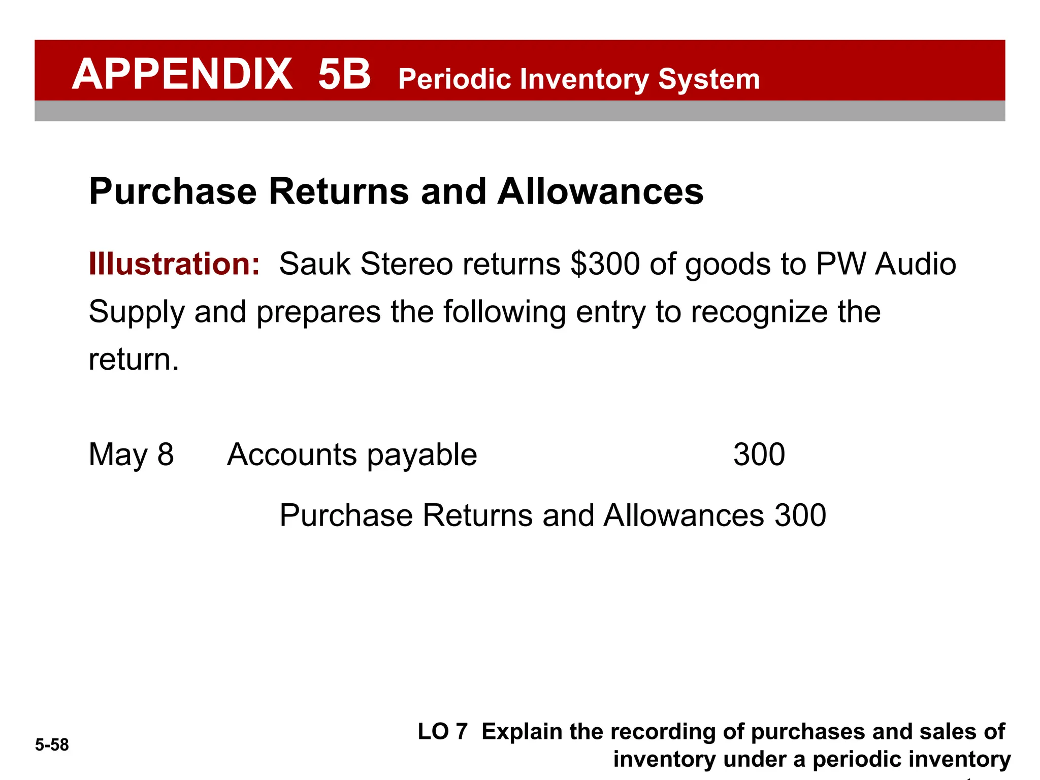 5-58
Accounts payable 300
May 8
Purchase Returns and Allowances 300
Purchase Returns and Allowances
LO 7 Explain the recording of purchases and sales of
inventory under a periodic inventory
Illustration: Sauk Stereo returns $300 of goods to PW Audio
Supply and prepares the following entry to recognize the
return.
APPENDIX 5B Periodic Inventory System
 