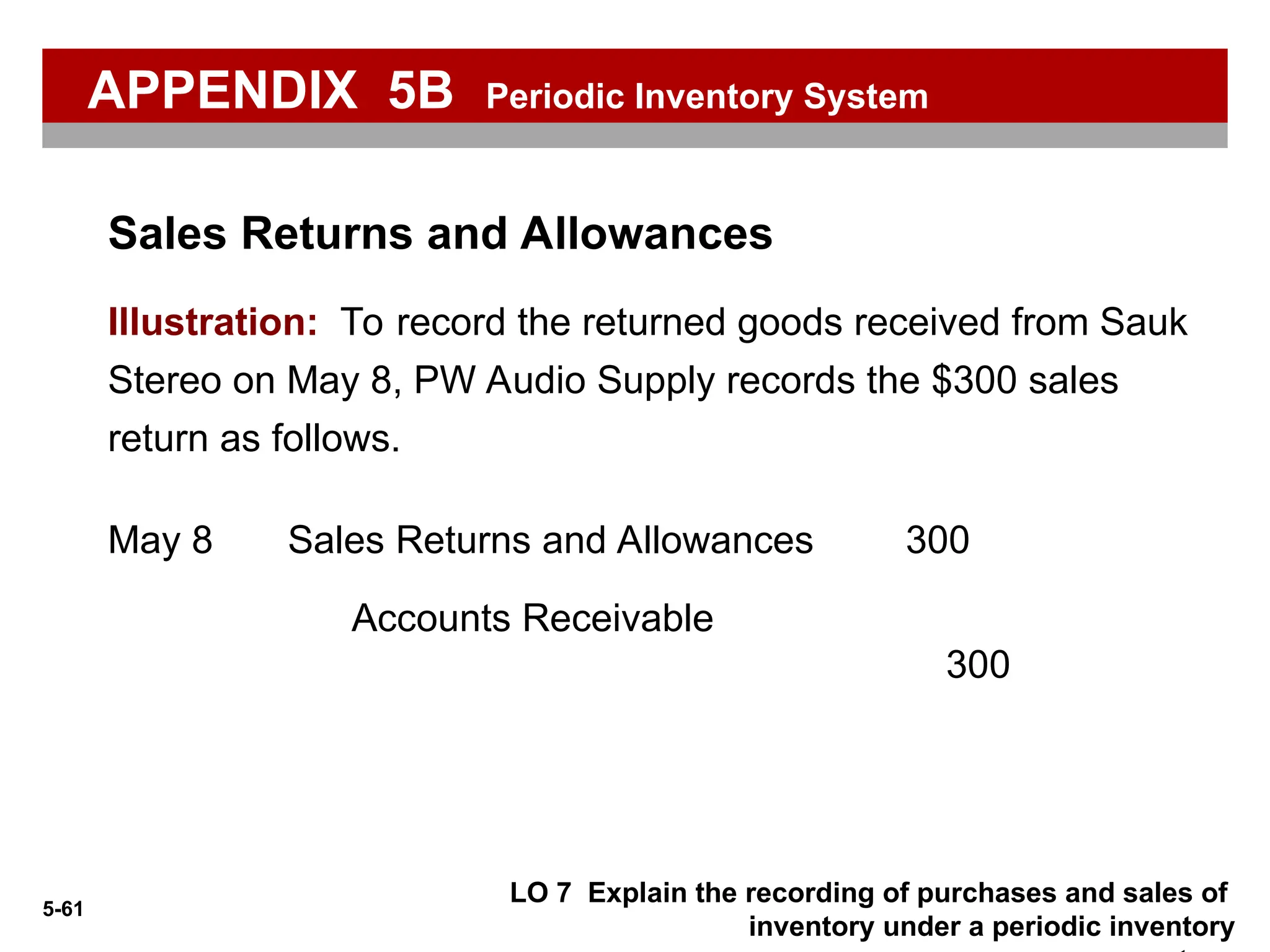 5-61
Illustration: To record the returned goods received from Sauk
Stereo on May 8, PW Audio Supply records the $300 sales
return as follows.
Sales Returns and Allowances 300
May 8
Accounts Receivable
300
Sales Returns and Allowances
LO 7 Explain the recording of purchases and sales of
inventory under a periodic inventory
APPENDIX 5B Periodic Inventory System
 