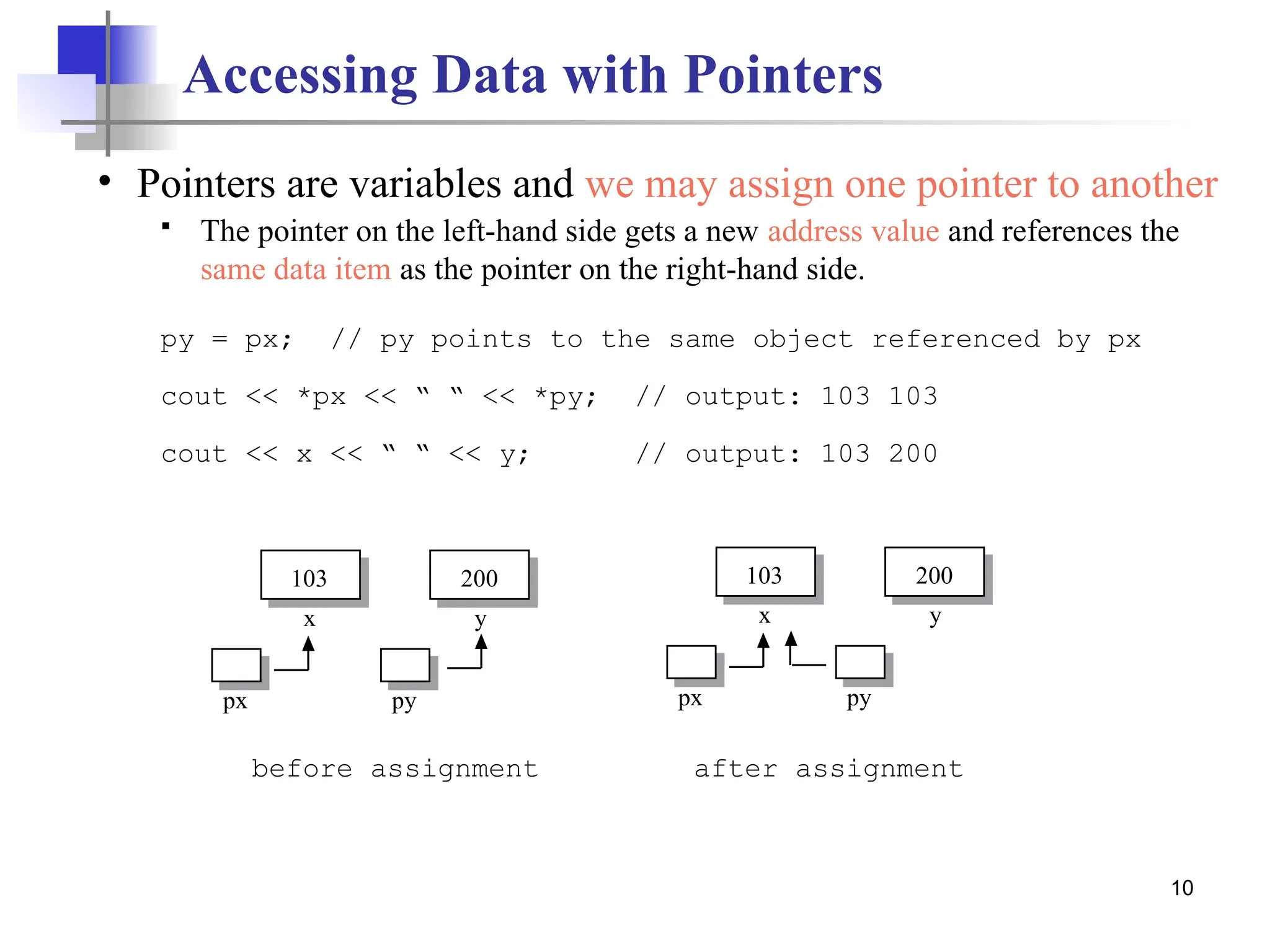 10 Accessing Data with Pointers • Pointers are variables and we may assign one pointer to another  The pointer on the left-hand side gets a new address value and references the same data item as the pointer on the right-hand side. py = px; // py points to the same object referenced by px cout << *px << “ “ << *py; // output: 103 103 cout << x << “ “ << y; // output: 103 200 before assignment after assignment 103 x px 200 y py 103 x px 200 y py 