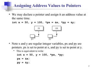 7
int x = 50, y = 100, *px = &x, *py = &y;
50
x
p x
100
y
p y
• We may declare a pointer and assign it an address value at
the same time.
• Note x and y are regular integer variables, px and py are
pointers. px is set to point at x, and py is set to point at y.
 This is equivalent to write
Assigning Address Values to Pointers
int x = 50, y = 100, *px, *py;
px = &x;
py = &y;
 