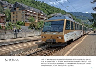 Diese Art der Panoramazüge bietet den Passagieren die Möglichkeit, ganz vorn zu
sitzen und eine Aussicht zu genießen, die man in herkömmlichen Zügen nicht vorﬁn-
det. Auch bei den Wagen handelt es sich um Panoramawagen mit großen Fenstern;
bei dem Panorama ist man einfach Teil der Landschaft.
24
PANORAMA
 