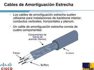 Cables de Amortiguación Estrecha
• Los cables de amortiguación estrecha suelen
utilizarse para instalaciones de backbone interior,
conductos verticales, horizontales y plenum.
• Un cable de amortiguación estrecha consta de
cuatro componentes:
 