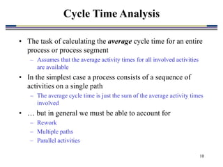 10
• The task of calculating the average cycle time for an entire
process or process segment
– Assumes that the average activity times for all involved activities
are available
• In the simplest case a process consists of a sequence of
activities on a single path
– The average cycle time is just the sum of the average activity times
involved
• … but in general we must be able to account for
– Rework
– Multiple paths
– Parallel activities
Cycle Time Analysis
 