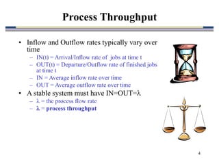 4
• Inflow and Outflow rates typically vary over
time
– IN(t) = Arrival/Inflow rate of jobs at time t
– OUT(t) = Departure/Outflow rate of finished jobs
at time t
– IN = Average inflow rate over time
– OUT = Average outflow rate over time
• A stable system must have IN=OUT=
–  = the process flow rate
–  = process throughput
Process Throughput
 