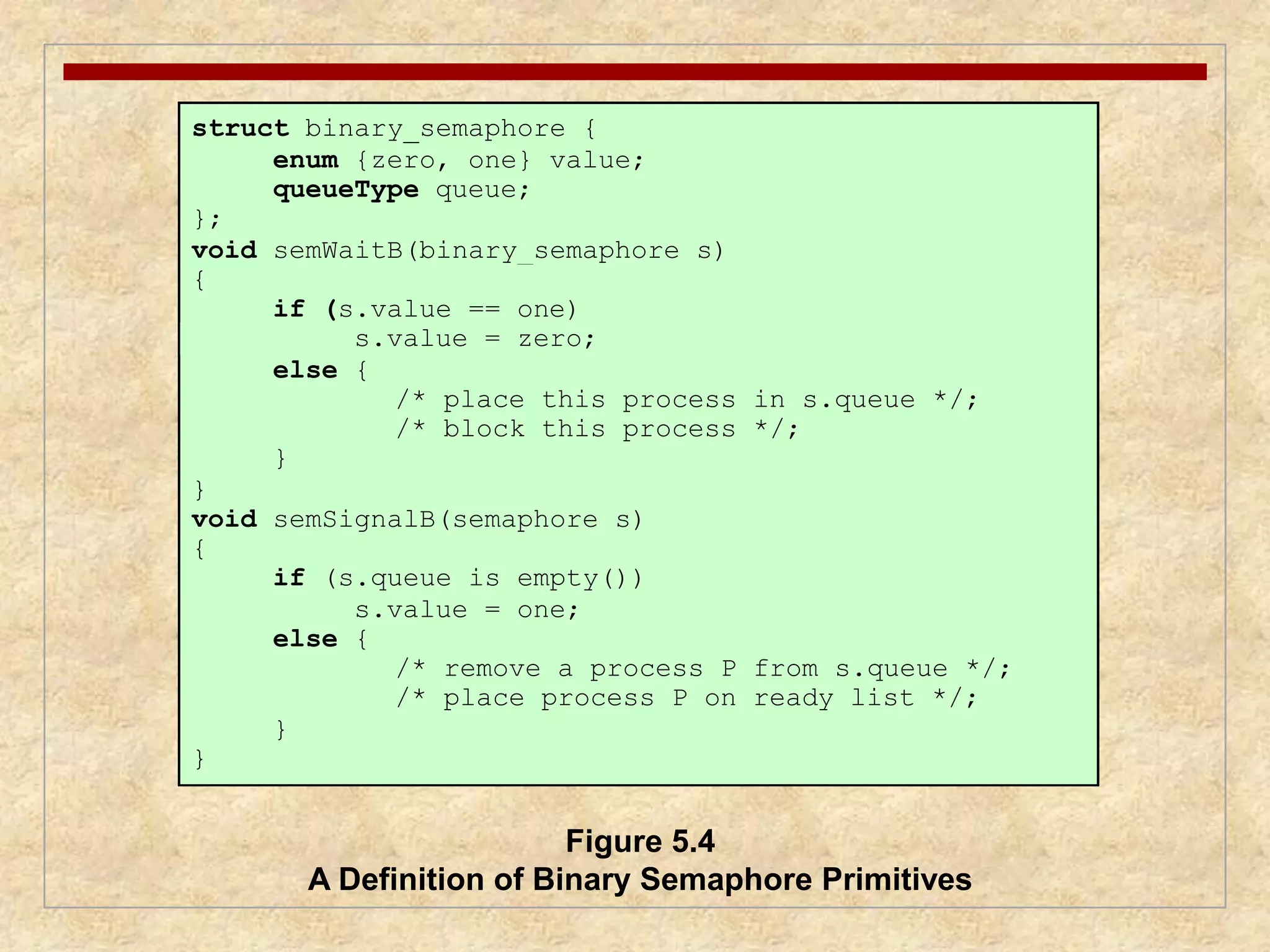 struct binary_semaphore { 
enum {zero, one} value; 
queueType queue; 
}; 
void semWaitB(binary_semaphore s) 
{ 
if (s.value == one) 
s.value = zero; 
else { 
/* place this process in s.queue */; 
/* block this process */; 
} 
} 
void semSignalB(semaphore s) 
{ 
if (s.queue is empty()) 
s.value = one; 
else { 
/* remove a process P from s.queue */; 
/* place process P on ready list */; 
} 
} 
Figure 5.4 
A Definition of Binary Semaphore Primitives 
 