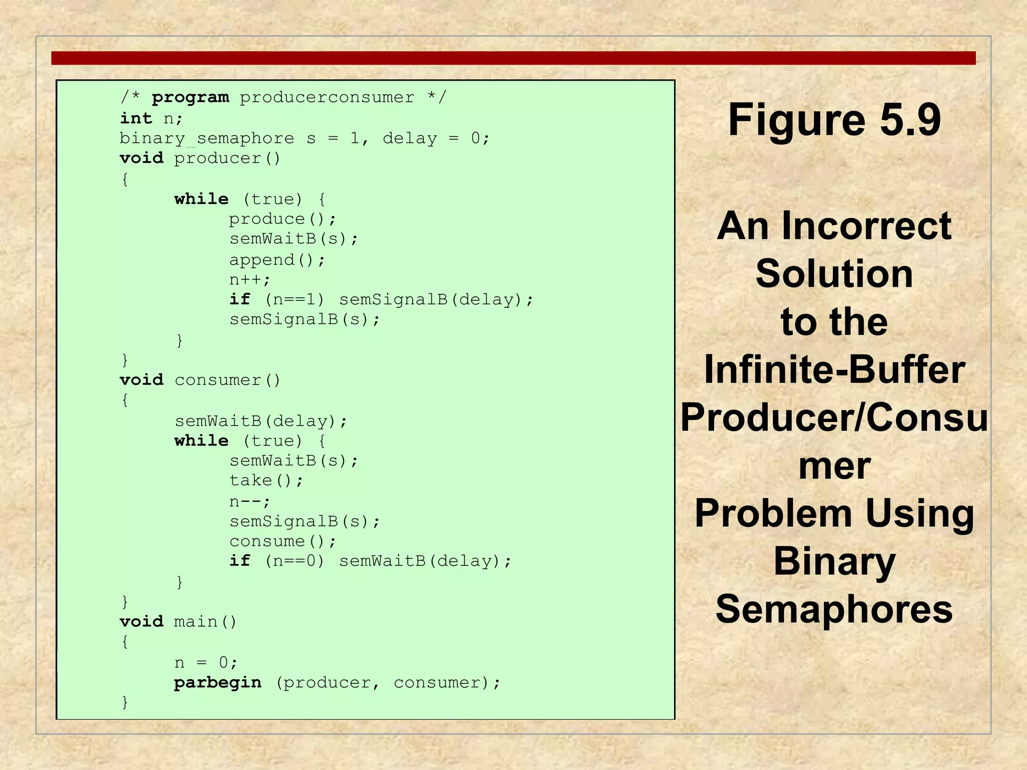 /* program producerconsumer */ 
int n; 
binary_semaphore s = 1, delay = 0; 
void producer() 
{ 
while (true) { 
produce(); 
semWaitB(s); 
append(); 
n++; 
if (n==1) semSignalB(delay); 
semSignalB(s); 
} 
} 
void consumer() 
{ 
semWaitB(delay); 
while (true) { 
semWaitB(s); 
take(); 
n--; 
semSignalB(s); 
consume(); 
if (n==0) semWaitB(delay); 
} 
} 
void main() 
{ 
n = 0; 
parbegin (producer, consumer); 
} 
Figure 5.9 
An Incorrect 
Solution 
to the 
Infinite-Buffer 
Producer/Consu 
mer 
Problem Using 
Binary 
Semaphores 
 