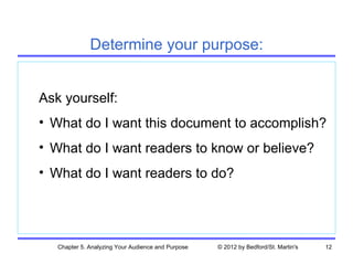 Determine your purpose:


Ask yourself:
• What do I want this document to accomplish?
• What do I want readers to know or believe?
• What do I want readers to do?




   Chapter 5. Analyzing Your Audience and Purpose   © 2012 by Bedford/St. Martin's   12
 