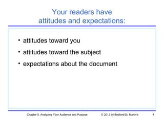 Your readers have
           attitudes and expectations:

• attitudes toward you
• attitudes toward the subject
• expectations about the document




   Chapter 5. Analyzing Your Audience and Purpose   © 2012 by Bedford/St. Martin's   4
 