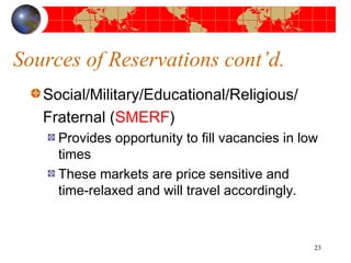 Sources of Reservations cont’d. 
Social/Military/Educational/Religious/ 
Fraternal (SMERF) 
Provides opportunity to fill vacancies in low 
times 
These markets are price sensitive and 
time-relaxed and will travel accordingly. 
23 
 
