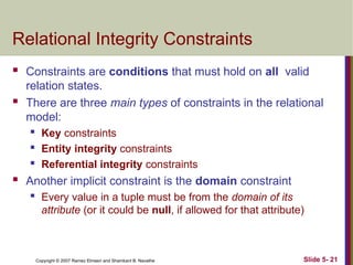 Slide 5- 21
Copyright © 2007 Ramez Elmasri and Shamkant B. Navathe
Relational Integrity Constraints
 Constraints are conditions that must hold on all valid
relation states.
 There are three main types of constraints in the relational
model:
 Key constraints
 Entity integrity constraints
 Referential integrity constraints
 Another implicit constraint is the domain constraint
 Every value in a tuple must be from the domain of its
attribute (or it could be null, if allowed for that attribute)
 