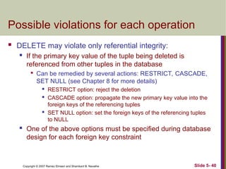 Slide 5- 40
Copyright © 2007 Ramez Elmasri and Shamkant B. Navathe
Possible violations for each operation
 DELETE may violate only referential integrity:
 If the primary key value of the tuple being deleted is
referenced from other tuples in the database

Can be remedied by several actions: RESTRICT, CASCADE,
SET NULL (see Chapter 8 for more details)
 RESTRICT option: reject the deletion
 CASCADE option: propagate the new primary key value into the
foreign keys of the referencing tuples
 SET NULL option: set the foreign keys of the referencing tuples
to NULL
 One of the above options must be specified during database
design for each foreign key constraint
 