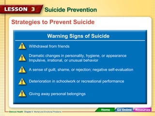 Strategies to Prevent Suicide 
Warning Signs of Suicide 
Withdrawal from friends 
Dramatic changes in personality, hygiene, or appearance 
Impulsive, irrational, or unusual behavior 
A sense of guilt, shame, or rejection; negative self-evaluation 
Deterioration in schoolwork or recreational performance 
Giving away personal belongings 
 