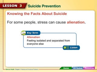 Knowing the Facts About Suicide 
For some people, stress can cause alienation. 
Alienation 
Feeling isolated and separated from 
everyone else 
 