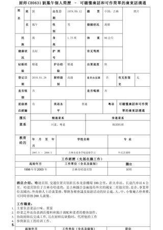 厨师 CH0631 劉鳳午個人简歷 – 可聼懂廣話和可作简單的廣東話溝通
     姓       姓   劉                 出生日      1978.09.12   籍   贯   中国，吉林              照片

     名                             期

             名   鳯午                性        男            婚姻状况    离婚

                                   别

         民       漢                 身        1.75 米       体   重   86 公斤

         族                         高

     健康状         良好                护 照                   有无驾照

         况                         号

     砧板经         精通                炉台经      精通           出菜速度    快

         验                             验

     登记日         2010.01.28        厨师级      高级           是否出过国   否        有无拒签      无

         期                             别                                  史

     是否吸         否                                       是否喝酒    否

         烟

     星级酒         有                 英语水                普通             粤语   可聼懂廣話和可作简

     店經驗                               平                                      單的廣東話溝通

     擅长                            精通菜系                               旁通菜系

     菜系                        川菜，粤菜                                  韩国料理



     教育          年    月   至    年                     学校名称                     专 业
     经历
                 月

                 2007.3 – 2008.3            吉林市商务学校进修学习                   中式烹调师

                                           工作經歷（先冩在膱工作）
                 起始年月                      工作單位（全名及级别）                         膱位
         1998 年至 2003 年                         吉林市哈達宾馆                        厨师



     酒店介绍： 哈達宾馆. 交通位置宾馆距长春龙嘉機場 100 公里，距火車站、长途汽車站 6 公
     里。 哈達宾馆位于吉林市哈達湾，是吉林鐡合金廠接待外宾的國家二星级宾馆。   是企、事業單
     位及國内、 外商務人士洽谈業務、舉辦各種會議及旅游活动的好去處。 中、大、 小餐廰古朴典雅，
     可同時容纳 200 人就餐。

     工作職責：
1.   主要负责菜品口味、質量
2.   炒菜之外还負責酒店備料和酱汁调配和菜肴的整体制作，
3.   协助厨師長完成工作,且在厨师長缺勤时，代理他的工作
4.   参與新员工的培训工作。
5.
             起始年月                          工作单位（全名及级别）                        职位
 