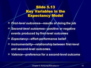 Slide 5.13 Key Variables in the Expectancy Model First-level outcomes — results of doing the job Second-level outcomes — positive or negative events produced by first-level outcomes  Expectancy —effort-performance  belief  Instrumentality — relationship between first-level and second-level outcomes. Valence — preference for a second-level outcome  