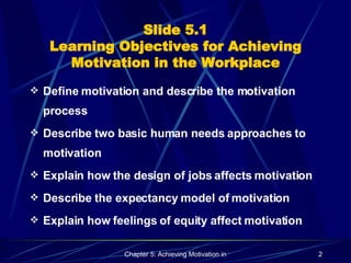 Slide 5.1 Learning Objectives for Achieving Motivation in the Workplace Define motivation and describe the motivation process Describe two basic human needs approaches to motivation Explain how the design of jobs affects motivation Describe the expectancy model of motivation Explain how feelings of equity affect motivation 
