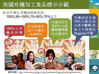 美國有機加工食品標示示範
 由左右,有機成份依次為：
  100%,95~100%,70~95%,70%以下                                    有機成份未達
                                          有機成份未                70% 只 能 在 成
                    有這個標章                 達95%只能               分表中說明,封
 100% 以 有                                 說明使用那                面上不得標註
                    表示有機成
 機成份製                                     些有機原料                Organic字樣
                     份達95%
 造




  資料來源：http://www.ams.usda.gov/nop/Consumers/OrganicLabelingPhoto.html
 