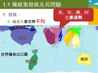 1.1 種植業發展及其問題
              美、加、澳、阿
1. 發展：
                生產過剩
  糧食生產空間不均
 