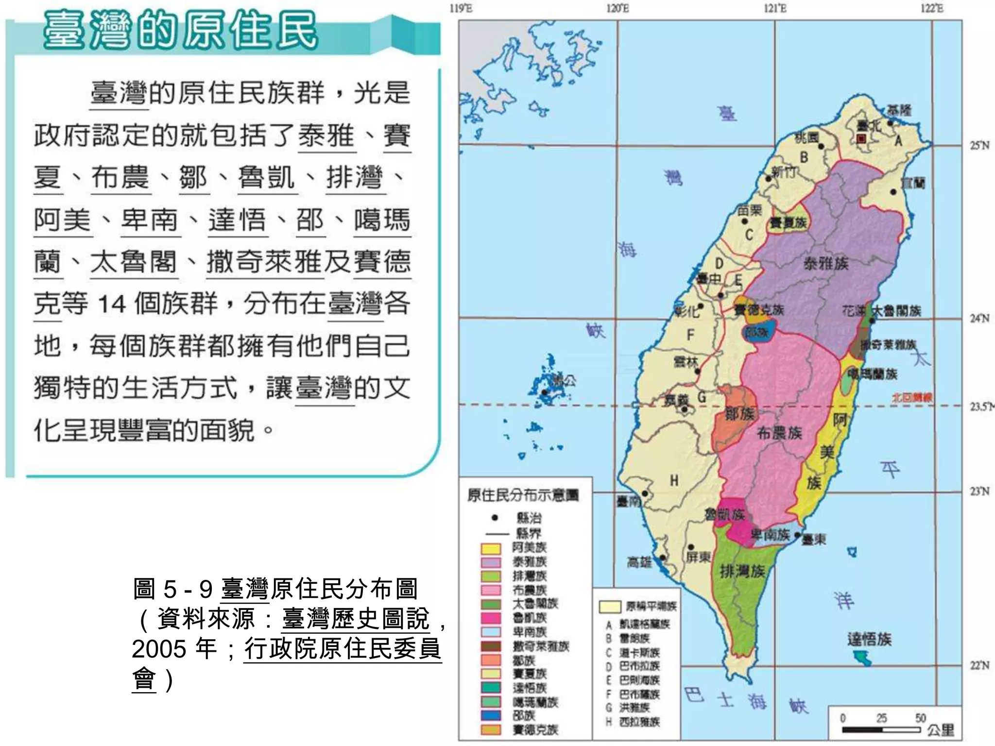 圖 5 - 9 臺灣原住民分布圖
（資料來源：臺灣歷史圖說，
2005 年；行政院原住民委員
會）
 