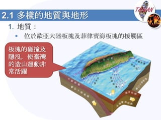 2.1 多樣的地質與地形
1. 地質：
  位於歐亞大陸板塊及菲律賓海板塊的接觸區

板塊的碰撞及
隱沒，使臺灣
的造山運動非
常活躍
 