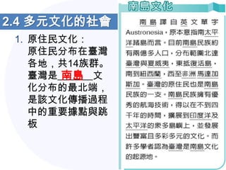2.4 多元文化的社會
 1. 原住民文化：
    原住民分布在臺灣
    各地，共14族群。
        南島
    臺灣是_______文
    化分布的最北端，
    是該文化傳播過程
    中的重要據點與跳
    板
 